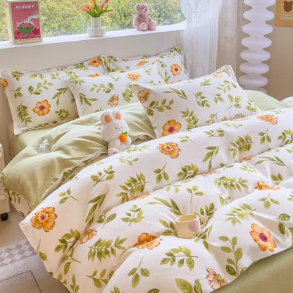 White floral puppy cotton printed bedding set with delicate orange and green pattern on soft decorbites cotton fabric