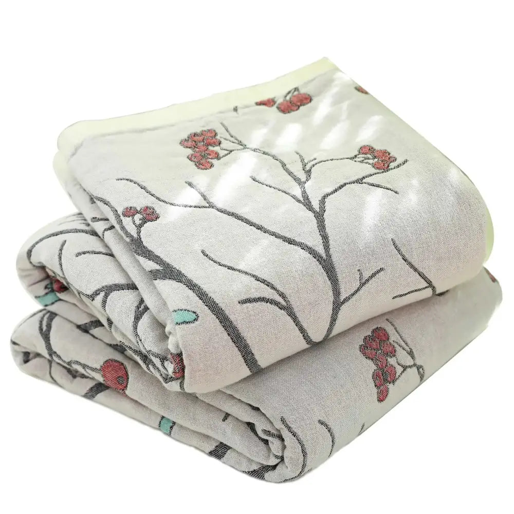 Floral red bird cream cotton gauze summer blanket with black branches and red berries pattern bedroom throw