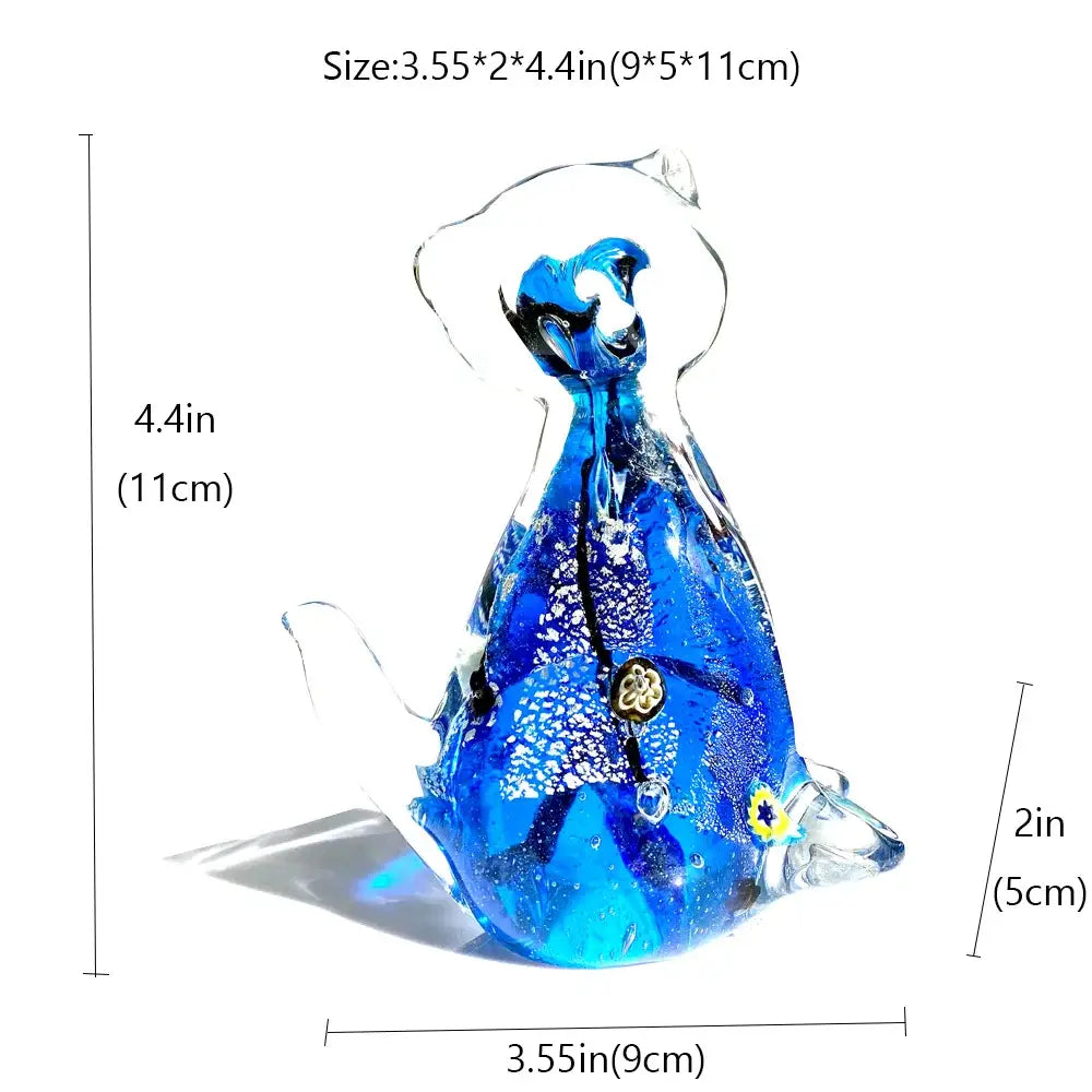 Translucent blue cat glass figurine with swirling patterns and gold accents for cute cat decor in living room