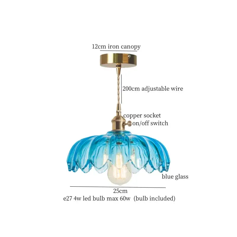 Blue glass pendant lamp with fluted floral design and brass glass led hardware for bedroom decorbites brass glass