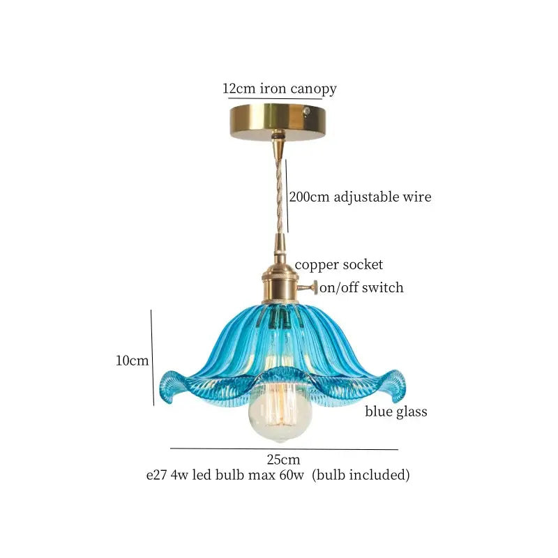A delicate blue glass pendant lamp with fluted petal design and brass glass led components for bedroom decorbites brass glass