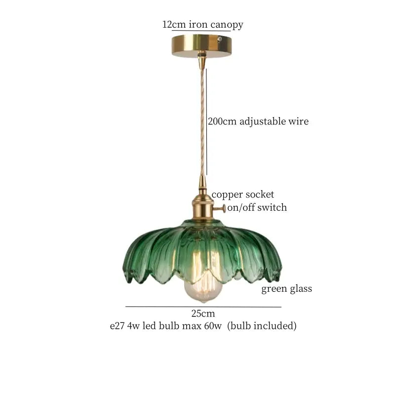 Green glass pendant lamp with brass iron canopy and copper socket for bedroom featuring decorbites brass glass led design