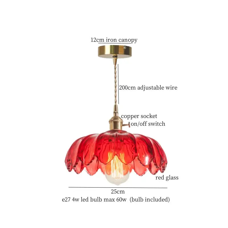 Floral red glass pendant lamp for bedroom with vibrant design featuring brass glass led hardware and iron canopy