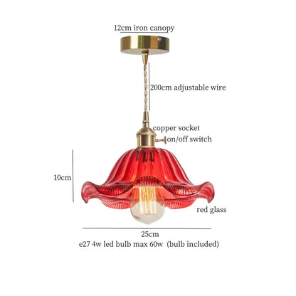A floral red glass pendant lamp with brass hardware featuring a vibrant fluted design for bedroom decorbites brass glass