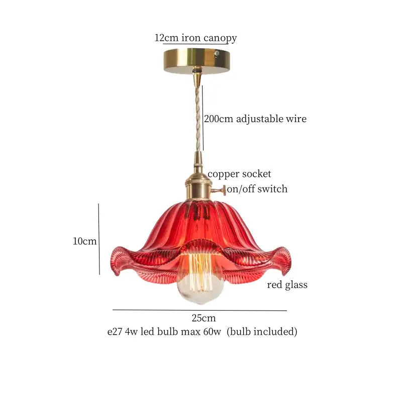 A floral red glass pendant lamp with brass hardware featuring a vibrant fluted design for bedroom decorbites brass glass