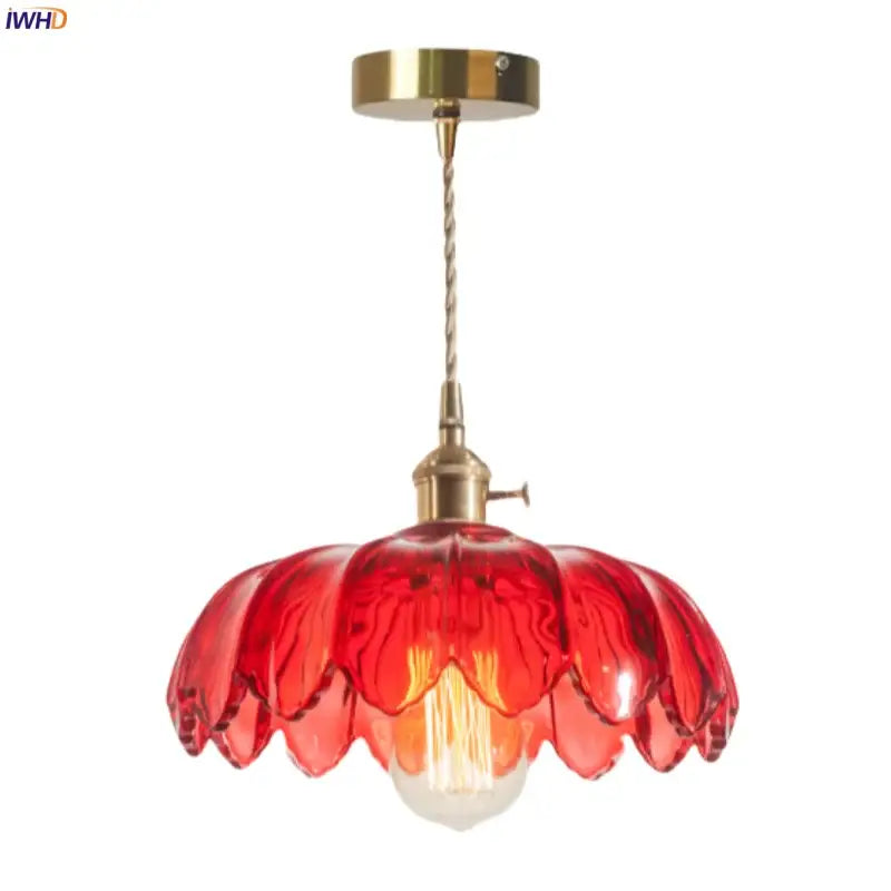 Floral red glass pendant lamp with brass hardware featuring flower-like design perfect for bedroom decorbites brass glass led