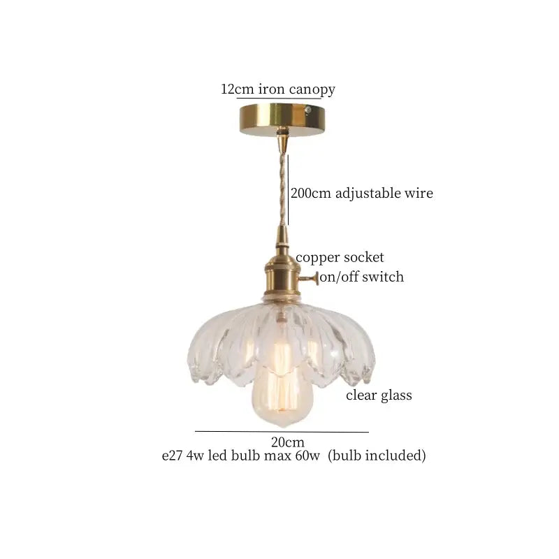 Floral red glass pendant lamp with brass glass led hardware featuring a clear blooming flower shade and adjustable wire