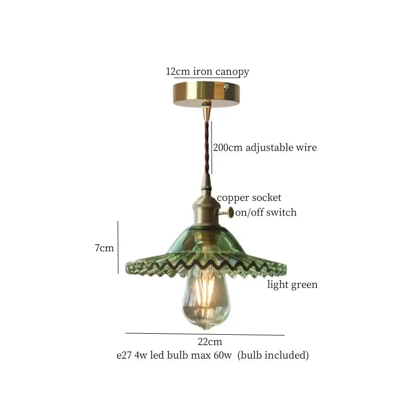 A vintage-style pendant lamp with light green scalloped glass shade and brass glass led canopy for bedroom decorbites brass glass