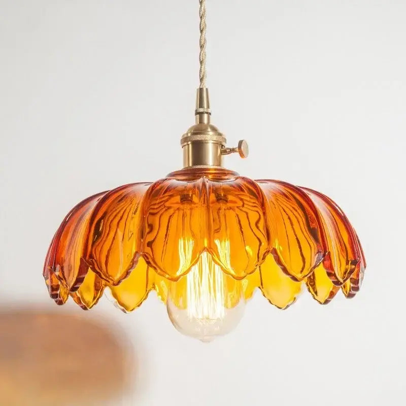 Floral red glass pendant lamp with warm amber petal design and decorbites brass glass led hardware for bedroom decor
