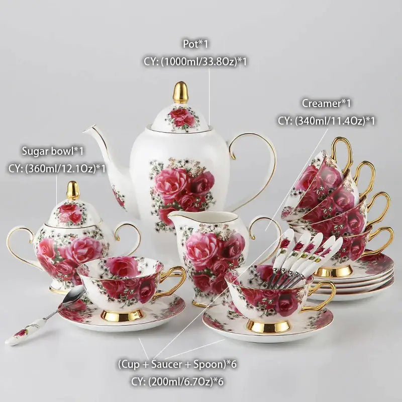 Elegant white bone china tea set with red rose patterns and gold trim featuring teapot cups and saucers decorbites bone china