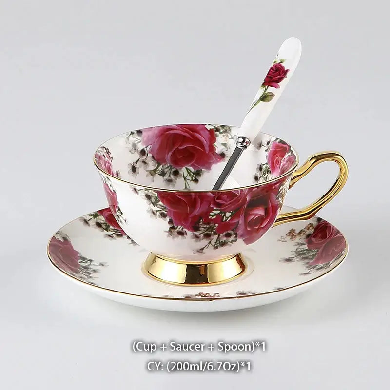Elegant white bone china tea set with gold trim and red rose design by decorbites for dining room use