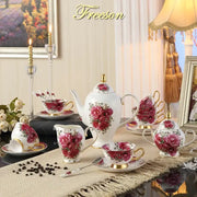 Elegant bone china tea set with red rose floral patterns and gold accents from decorbites bone china collection