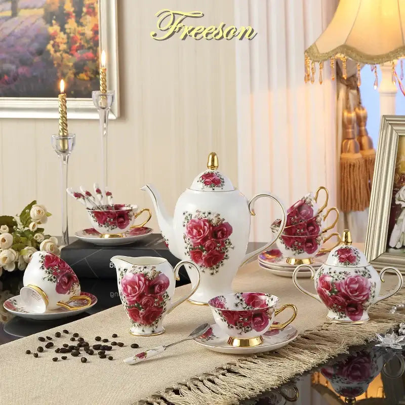 Elegant bone china tea set with red rose floral patterns and gold accents from decorbites bone china collection