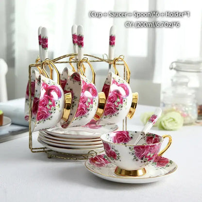 Set of six white bone china tea cups with pink rose floral patterns gold trim and matching saucers from decorbites bone china