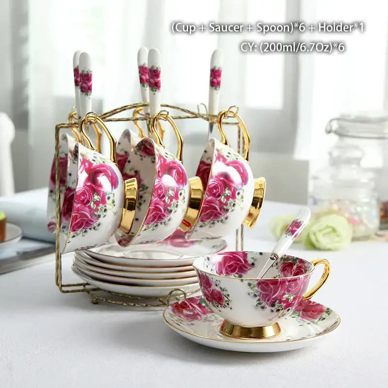 Set of six white bone china tea cups with pink rose floral patterns gold trim and matching saucers from decorbites bone china