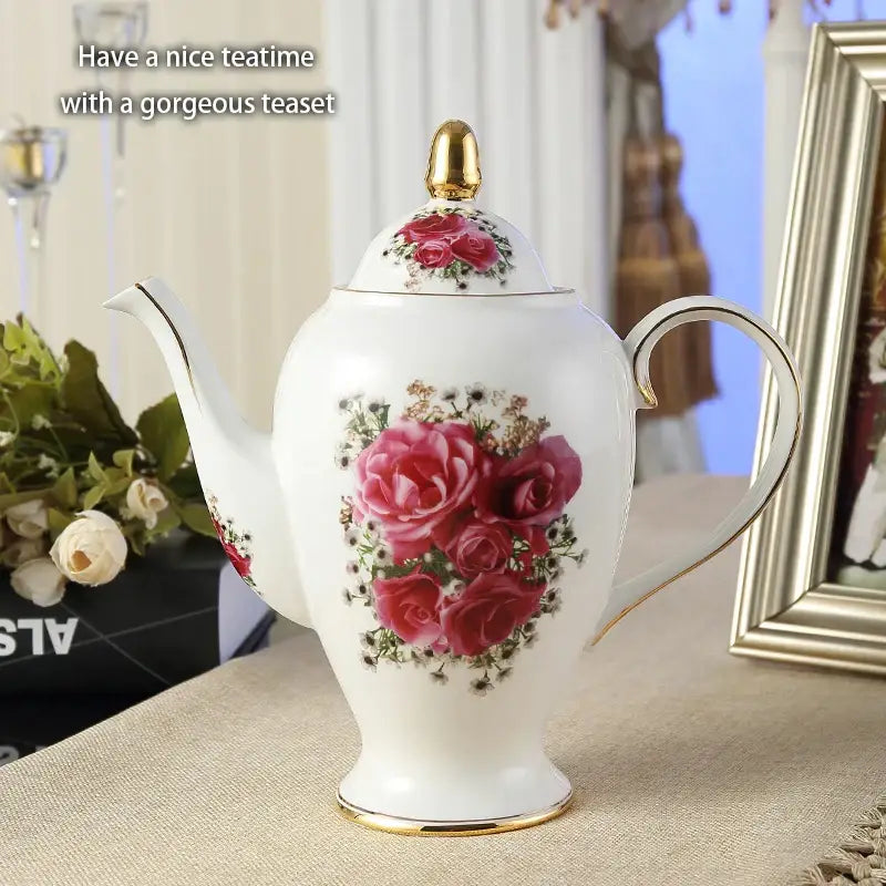 White porcelain bone china teapot with gold trim and floral red rose design from decorbites tea set collection