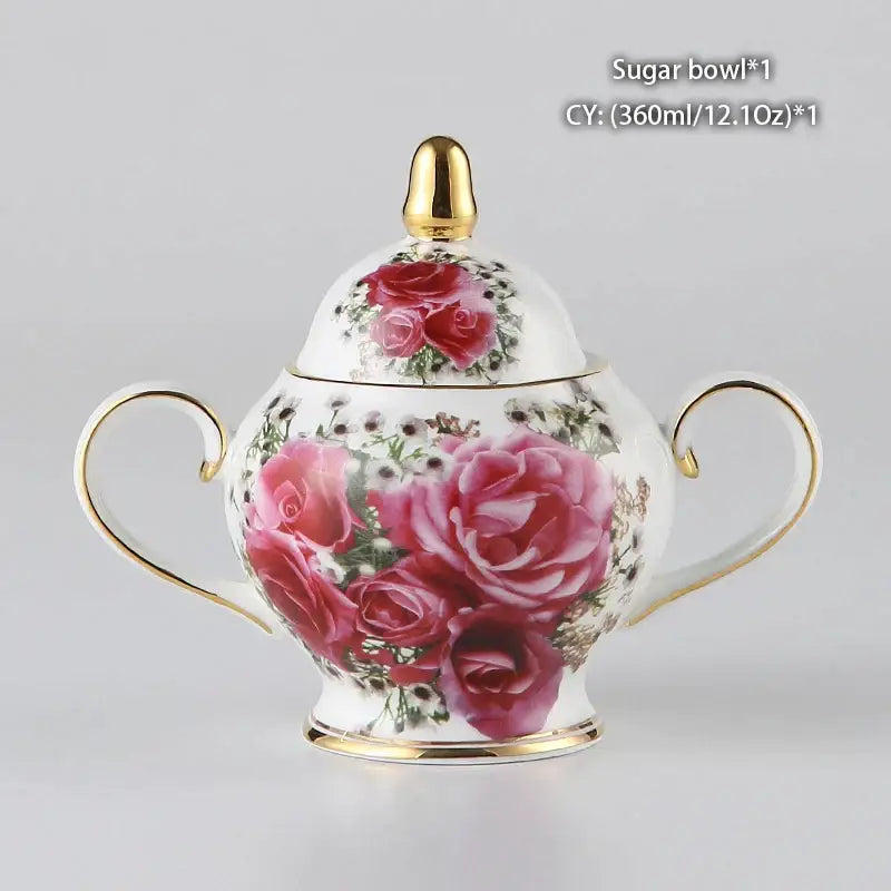 White porcelain sugar bowl with gold trim and pink rose design from decorbites bone china tea set