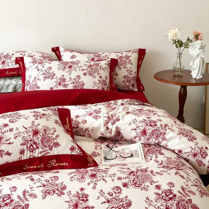 Red and white floral patterned bedding sets with embroidered sweet flower on red decorbites cotton wide edge trim