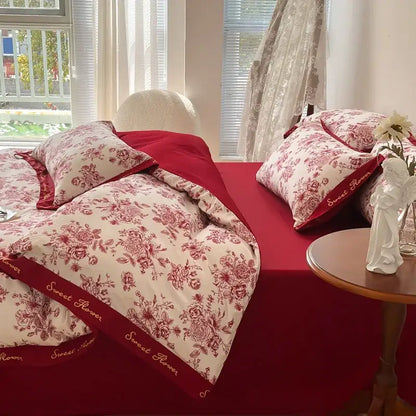 Red and cream floral bedding sets with sweet flower embroidery on cotton wide edge for bedroom decorbites cotton wide use
