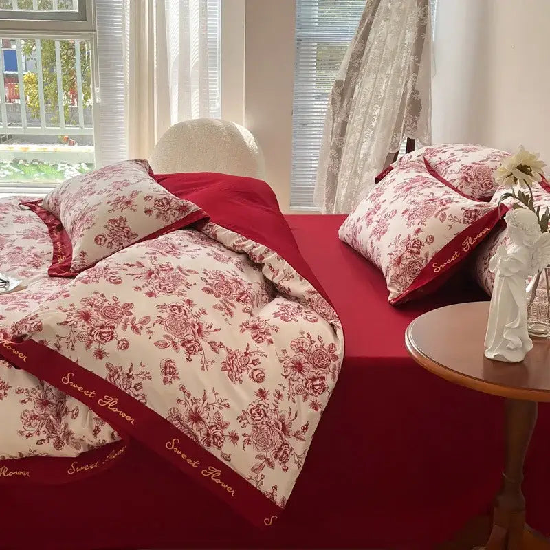 Red and cream floral bedding sets with sweet flower embroidery on cotton wide edge for bedroom decorbites cotton wide use