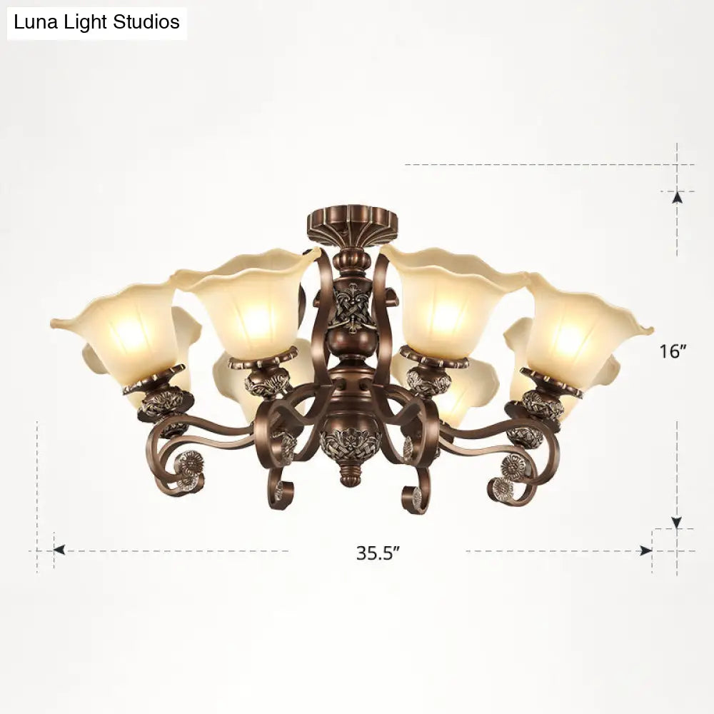 DecorBites™ DecorBites™ Floral Semi Flush Ceiling Light with Antique Bronze Finish and Frosted Glass – Ideal for Living Room