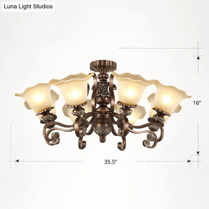 DecorBites™ DecorBites™ Floral Semi Flush Ceiling Light with Antique Bronze Finish and Frosted Glass – Ideal for Living Room