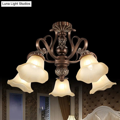 DecorBites™ DecorBites™ Floral Semi Flush Ceiling Light with Antique Bronze Finish and Frosted Glass – Ideal for Living Room