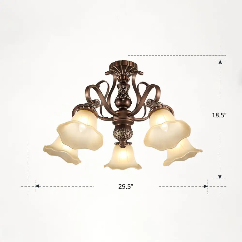 DecorBites™ DecorBites™ Floral Semi Flush Ceiling Light with Antique Bronze Finish and Frosted Glass – Ideal for Living Room