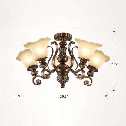 DecorBites™ DecorBites™ Floral Semi Flush Ceiling Light with Antique Bronze Finish and Frosted Glass – Ideal for Living Room