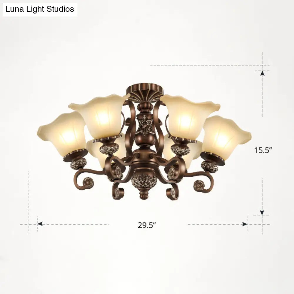 DecorBites™ DecorBites™ Floral Semi Flush Ceiling Light with Antique Bronze Finish and Frosted Glass – Ideal for Living Room