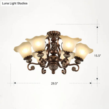 DecorBites™ DecorBites™ Floral Semi Flush Ceiling Light with Antique Bronze Finish and Frosted Glass – Ideal for Living Room