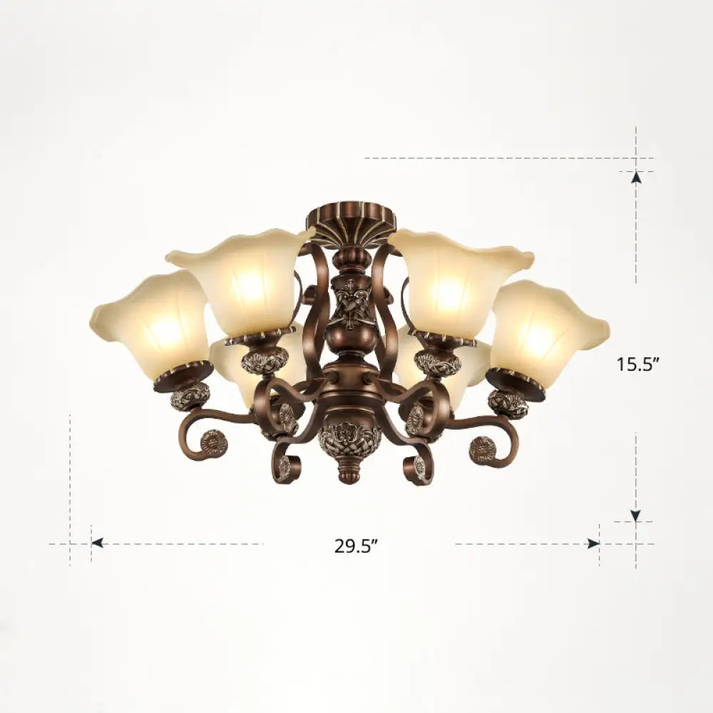 DecorBites™ DecorBites™ Floral Semi Flush Ceiling Light with Antique Bronze Finish and Frosted Glass – Ideal for Living Room