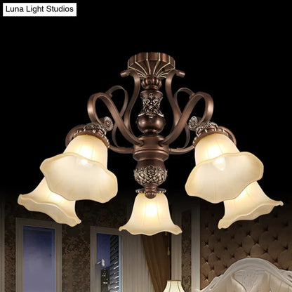 DecorBites™ DecorBites™ Floral Semi Flush Ceiling Light with Antique Bronze Finish and Frosted Glass – Ideal for Living Room