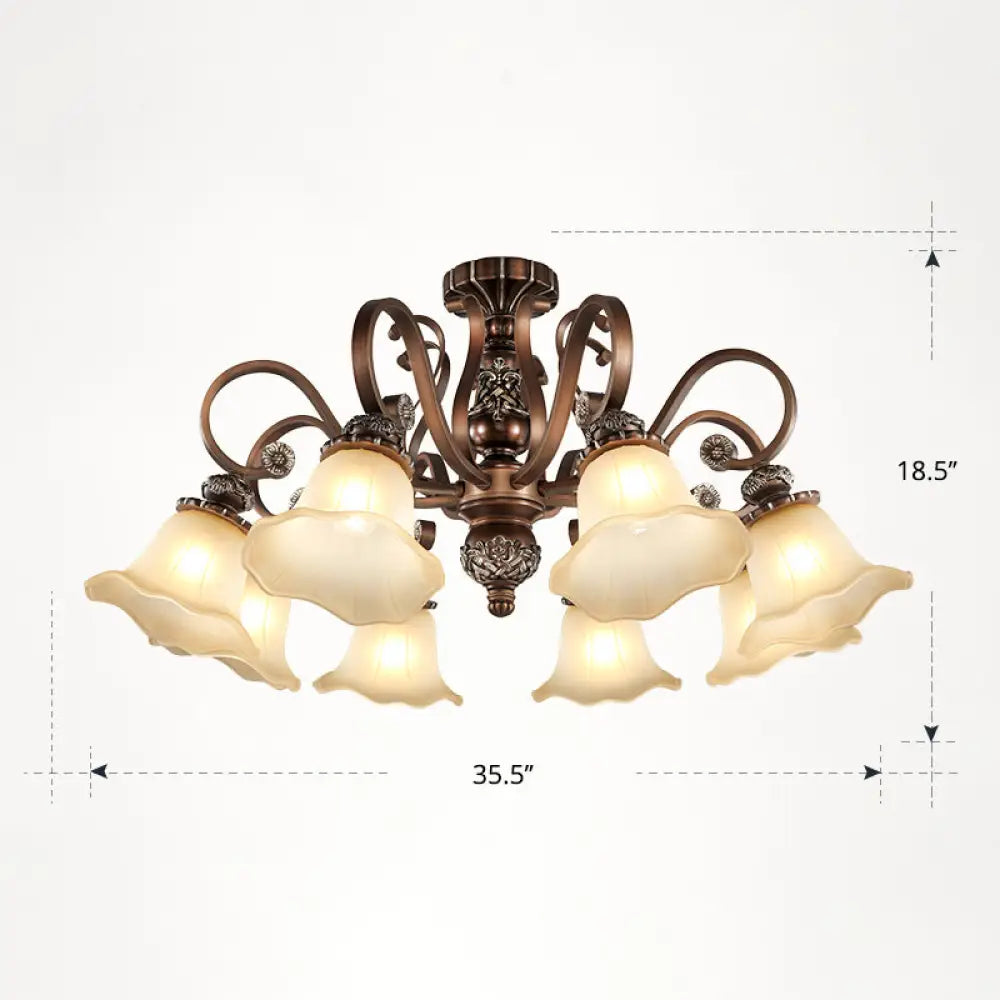 DecorBites™ DecorBites™ Floral Semi Flush Ceiling Light with Antique Bronze Finish and Frosted Glass – Ideal for Living Room