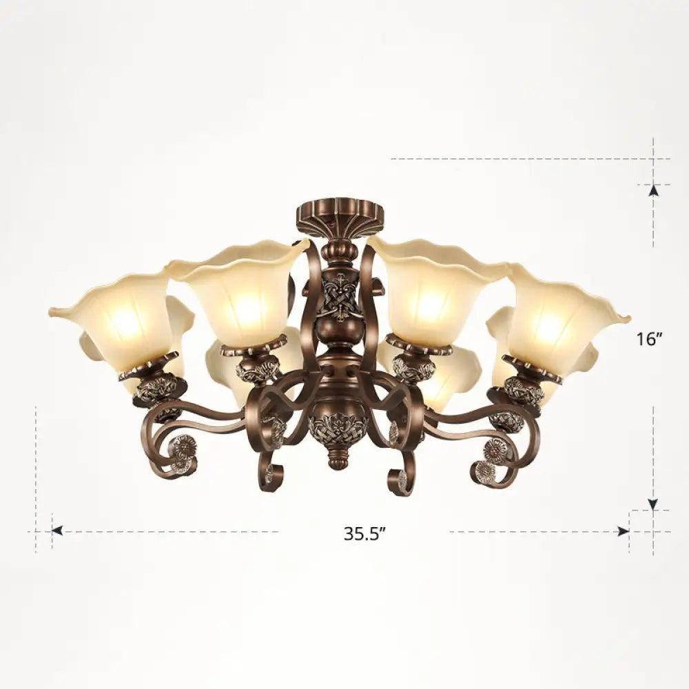 DecorBites™ DecorBites™ Floral Semi Flush Ceiling Light with Antique Bronze Finish and Frosted Glass – Ideal for Living Room
