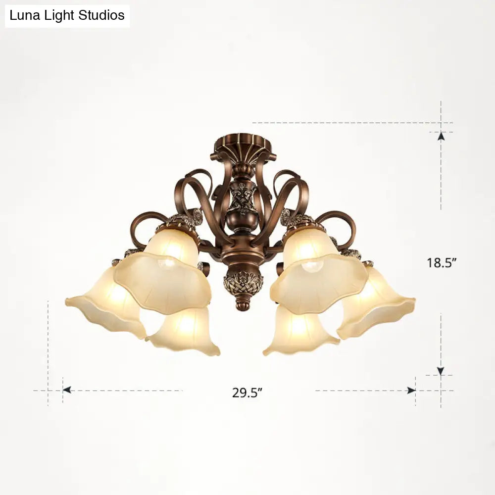 DecorBites™ DecorBites™ Floral Semi Flush Ceiling Light with Antique Bronze Finish and Frosted Glass – Ideal for Living Room