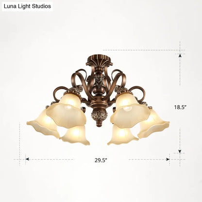 DecorBites™ DecorBites™ Floral Semi Flush Ceiling Light with Antique Bronze Finish and Frosted Glass – Ideal for Living Room
