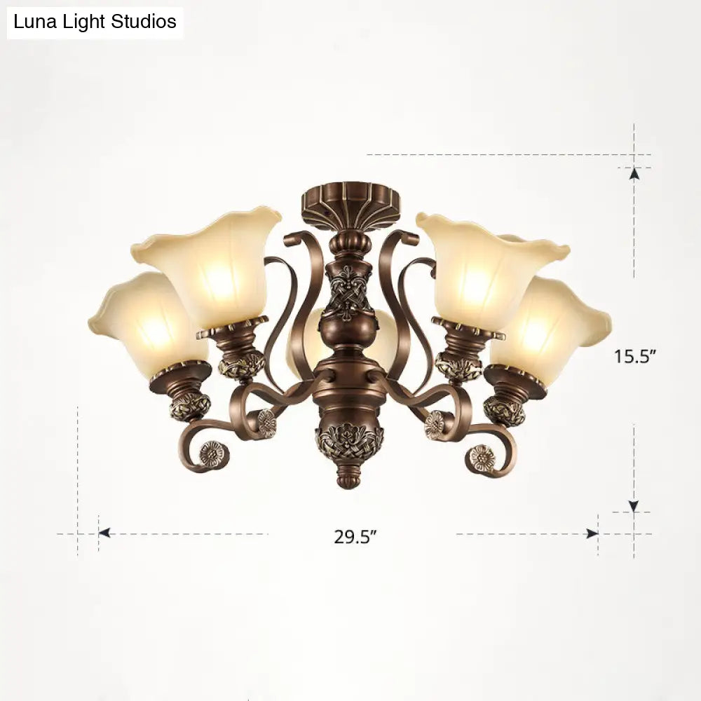 DecorBites™ DecorBites™ Floral Semi Flush Ceiling Light with Antique Bronze Finish and Frosted Glass – Ideal for Living Room