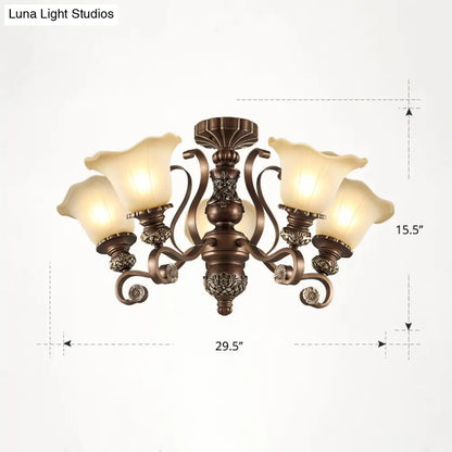 DecorBites™ DecorBites™ Floral Semi Flush Ceiling Light with Antique Bronze Finish and Frosted Glass – Ideal for Living Room