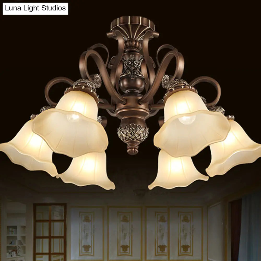 DecorBites™ DecorBites™ Floral Semi Flush Ceiling Light with Antique Bronze Finish and Frosted Glass – Ideal for Living Room
