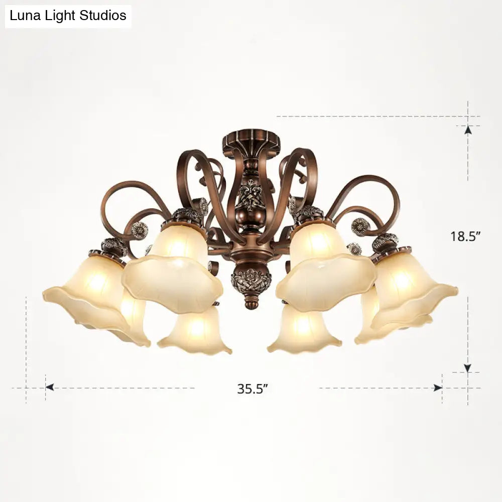 DecorBites™ DecorBites™ Floral Semi Flush Ceiling Light with Antique Bronze Finish and Frosted Glass – Ideal for Living Room
