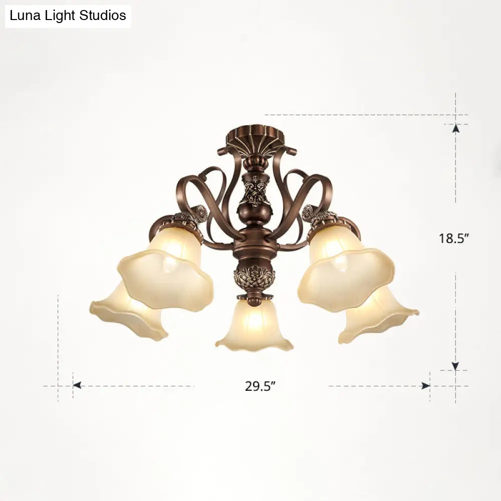 DecorBites™ DecorBites™ Floral Semi Flush Ceiling Light with Antique Bronze Finish and Frosted Glass – Ideal for Living Room