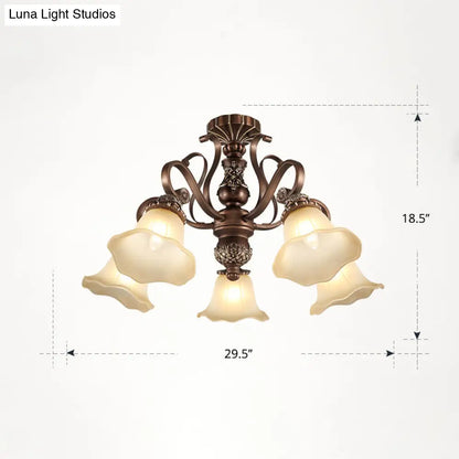 DecorBites™ DecorBites™ Floral Semi Flush Ceiling Light with Antique Bronze Finish and Frosted Glass – Ideal for Living Room
