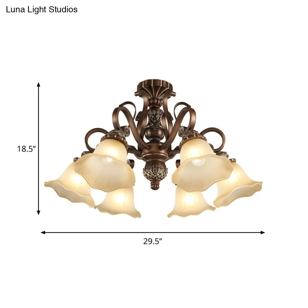 Floral Shade Semi Flush Light with Opal Glass - Countryside Brown Close to Ceiling Lamp for Living Room (5/6/8 Lights)