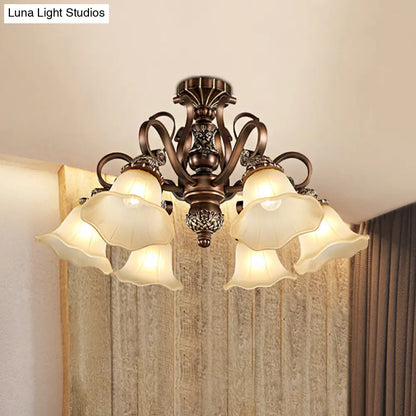 Floral Shade Semi Flush Light with Opal Glass - Countryside Brown Close to Ceiling Lamp for Living Room (5/6/8 Lights)