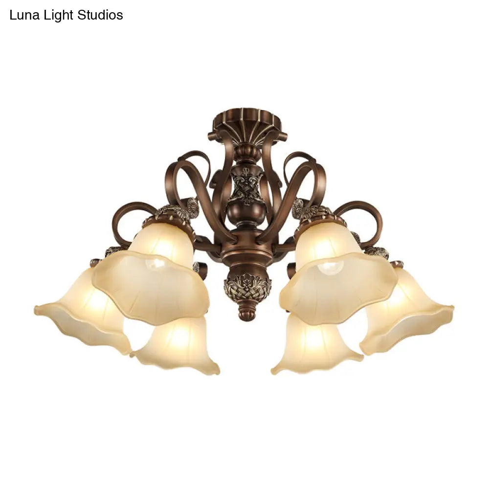 Floral Shade Semi Flush Light with Opal Glass - Countryside Brown Close to Ceiling Lamp for Living Room (5/6/8 Lights)