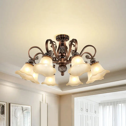 Floral Shade Semi Flush Light with Opal Glass - Countryside Brown Close to Ceiling Lamp for Living Room (5/6/8 Lights)