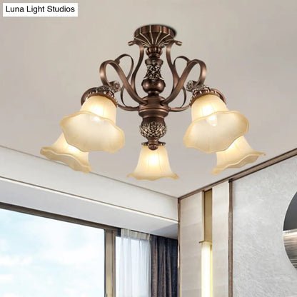 Floral Shade Semi Flush Light with Opal Glass - Countryside Brown Close to Ceiling Lamp for Living Room (5/6/8 Lights)