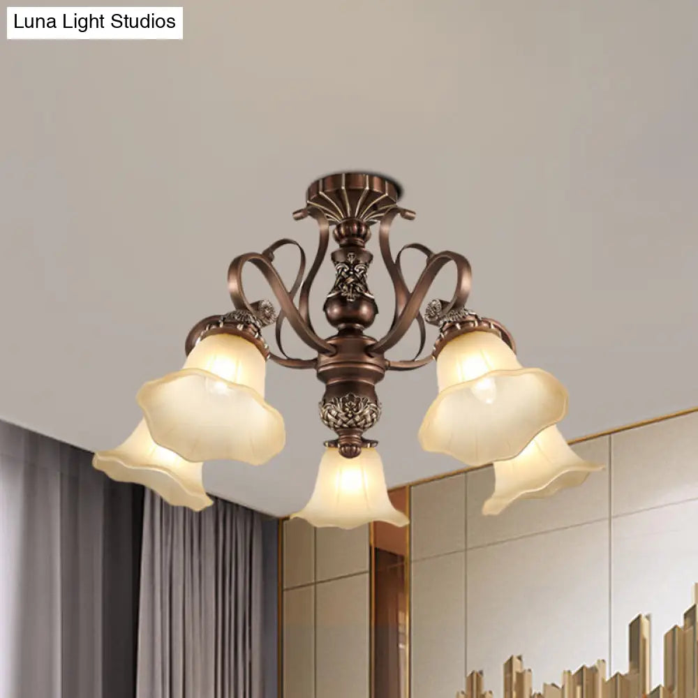 Floral Shade Semi Flush Light with Opal Glass - Countryside Brown Close to Ceiling Lamp for Living Room (5/6/8 Lights)