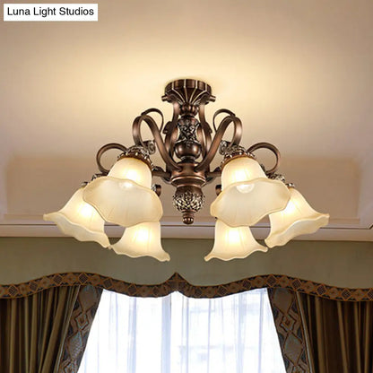 Floral Shade Semi Flush Light with Opal Glass - Countryside Brown Close to Ceiling Lamp for Living Room (5/6/8 Lights)